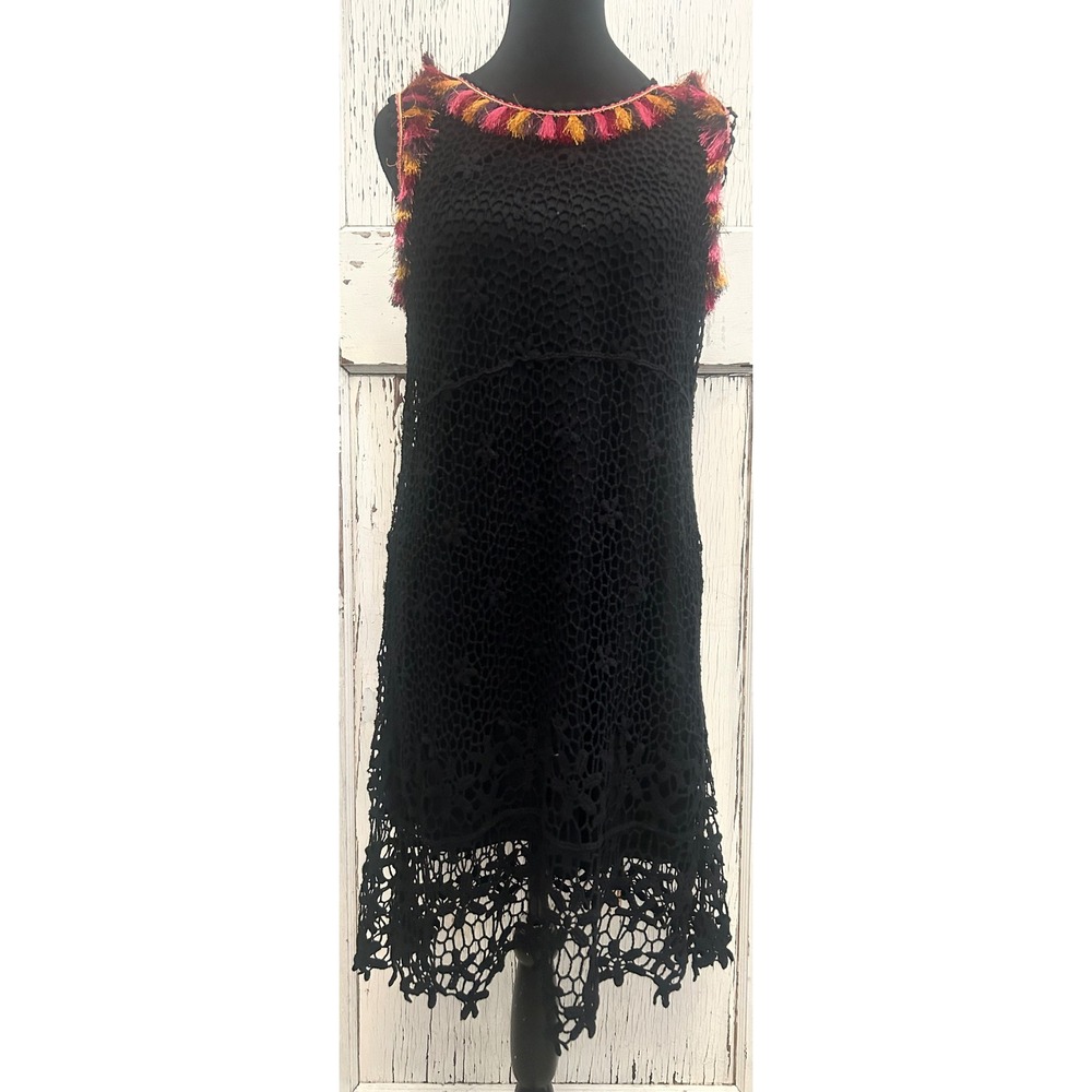 V Cristina Black Crochet Tassel Dress M Boho Festival Sleeveless
